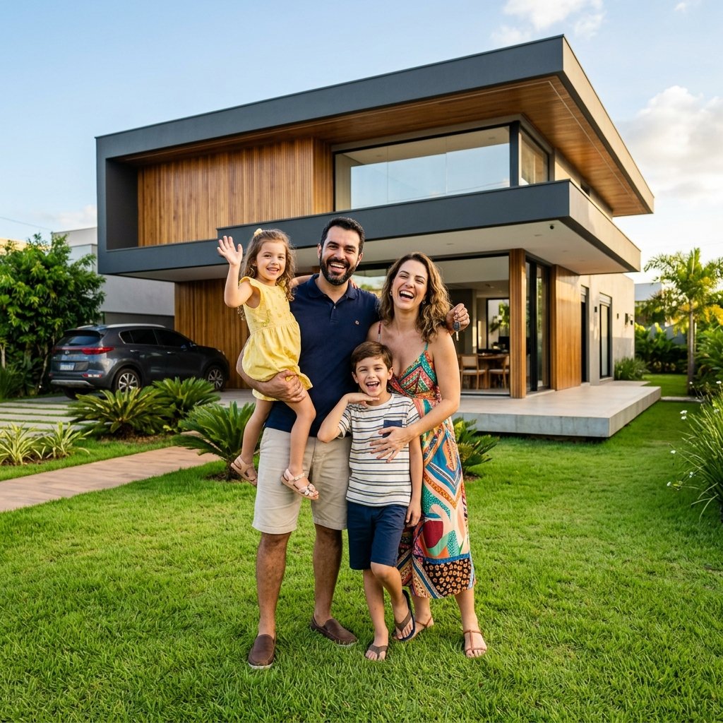 Família feliz na casa própria